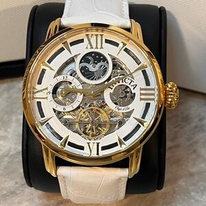 Invicta Automatic Skeleton Gold Watch 22652 White Leather Strap Moonphase